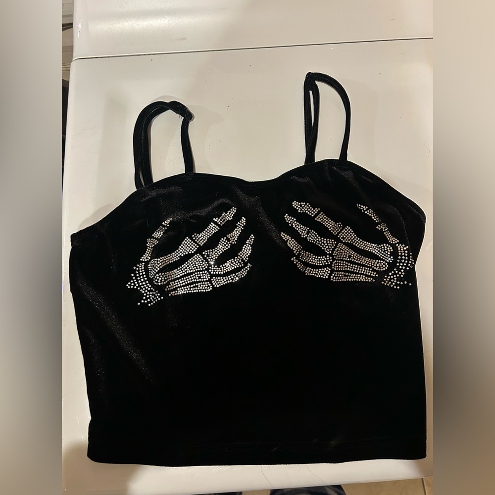 Black Velvet Rhinestone Skeleton Hand Cami